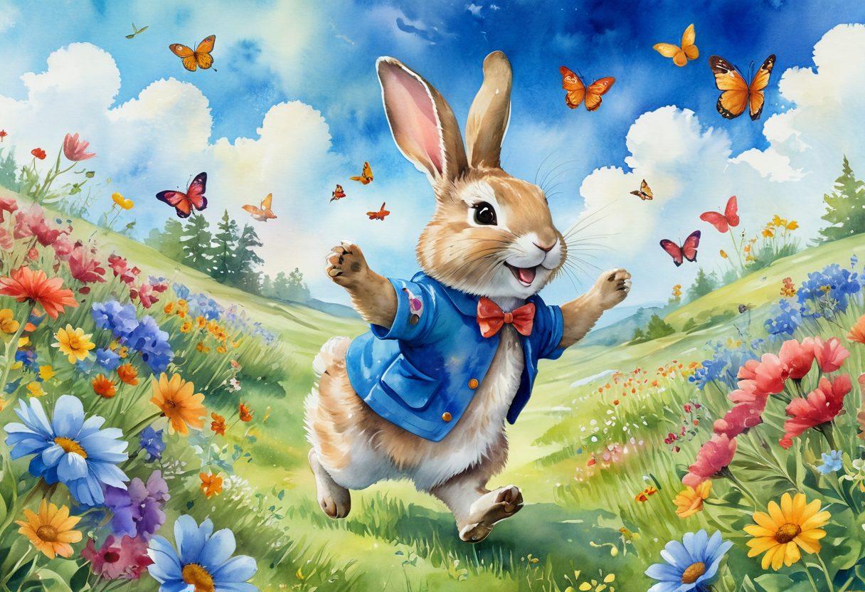 A whimsical scene featuring a joyful rabbit wearing colorful clothes, hopping through a vibrant meadow filled with blooming flowers and butterflies. Surrounding the rabbit are playful expressions like smiling faces and hearts floating in the air, symbolizing happiness and passion. The background showcases a bright blue sky with fluffy clouds, radiating a sense of delight and positivity. watercolor style. vibrant colors. cheerful atmosphere.