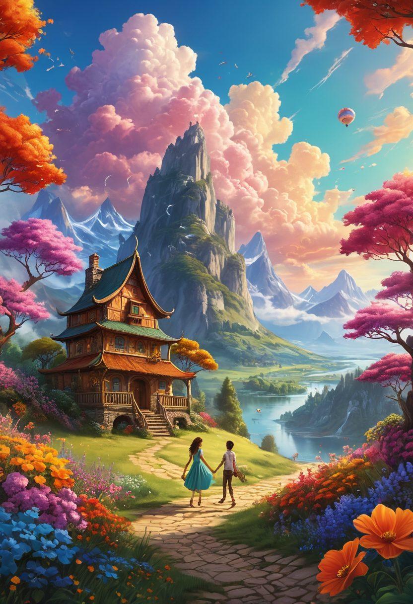 A vibrant scene filled with playful characters engaging in various fun activities like dancing, jumping, and exploring a colorful fantasy landscape with oversized flowers and whimsical clouds. The characters should embody energy and joy, showcasing a variety of diverse individuals embracing their adventurous spirit. Bright, cheerful colors should dominate the scene, creating an inviting atmosphere of excitement and happiness. The background should include a sun shining down on a picturesque landscape filled with fantastical elements. super-realistic. vibrant colors. fantasy art.