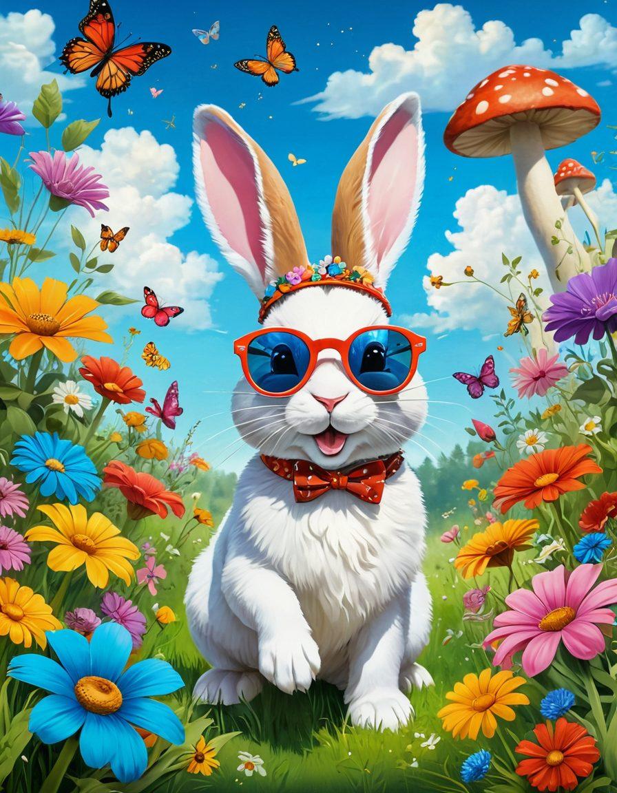 A vibrant scene of a playful, cartoon-style rabbit surrounded by colorful flowers and butterflies, joyfully hopping in a sunlit meadow. Include whimsical elements like oversized mushrooms, playful clouds, and sparkling stars in the sky. The rabbit wears fun accessories like sunglasses and a party hat, radiating a cheerful and carefree vibe. Emphasize bright colors and an enchanting atmosphere to evoke a sense of joy and playfulness. cartoonish, whimsical art style, bright and colorful.